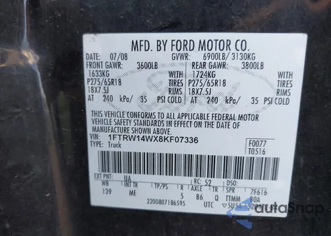 2008 Ford F-150 60Th Anniversary/Xl/Xlt from USA, damaged, VIN 1FTRW14WX8KF07336